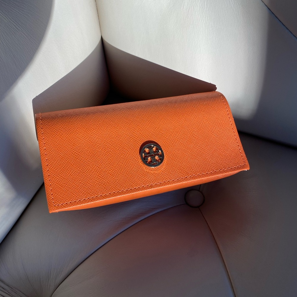 Tory Burch Orange Leather Sunglasses Case Eyeglass Hard Case Very Good